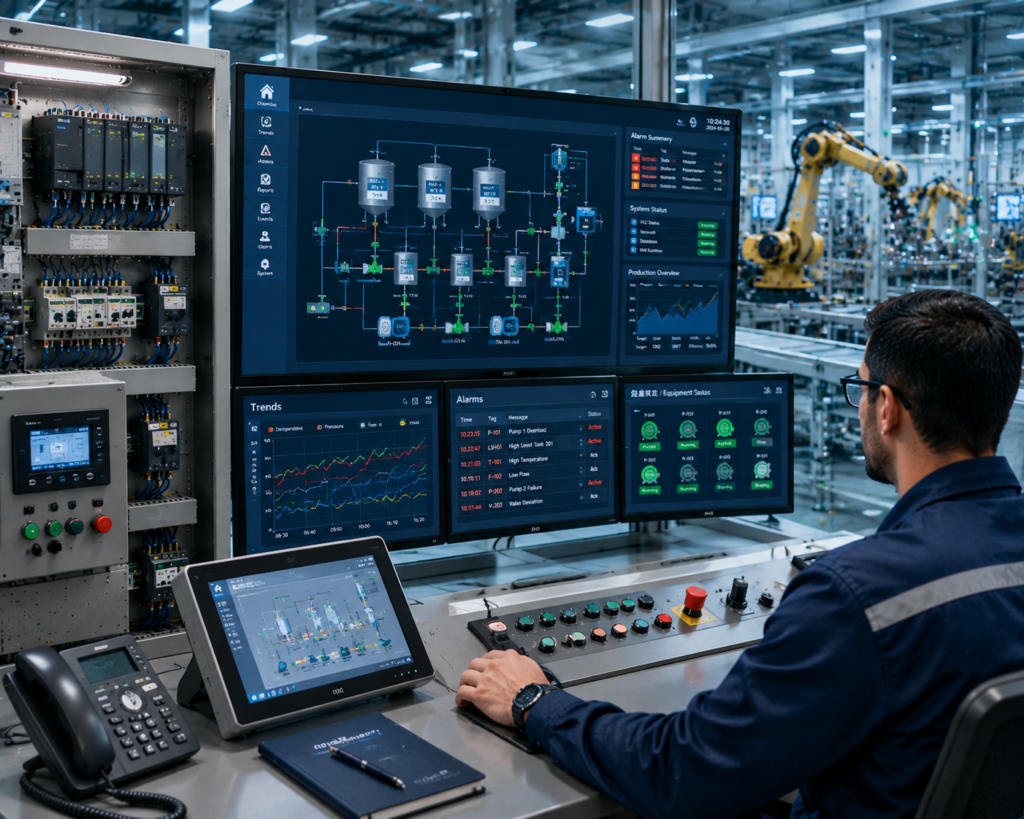 طراحی HMI و SCADA صنعتی | مانیتورینگ و کنترل فرآیند کارخانه